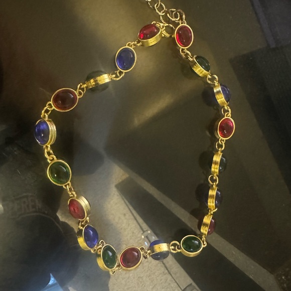 Exquisite Green, Blue & Green Glass Cabochons, Satin Gold Plated Necklace Choker - Picture 5 of 5